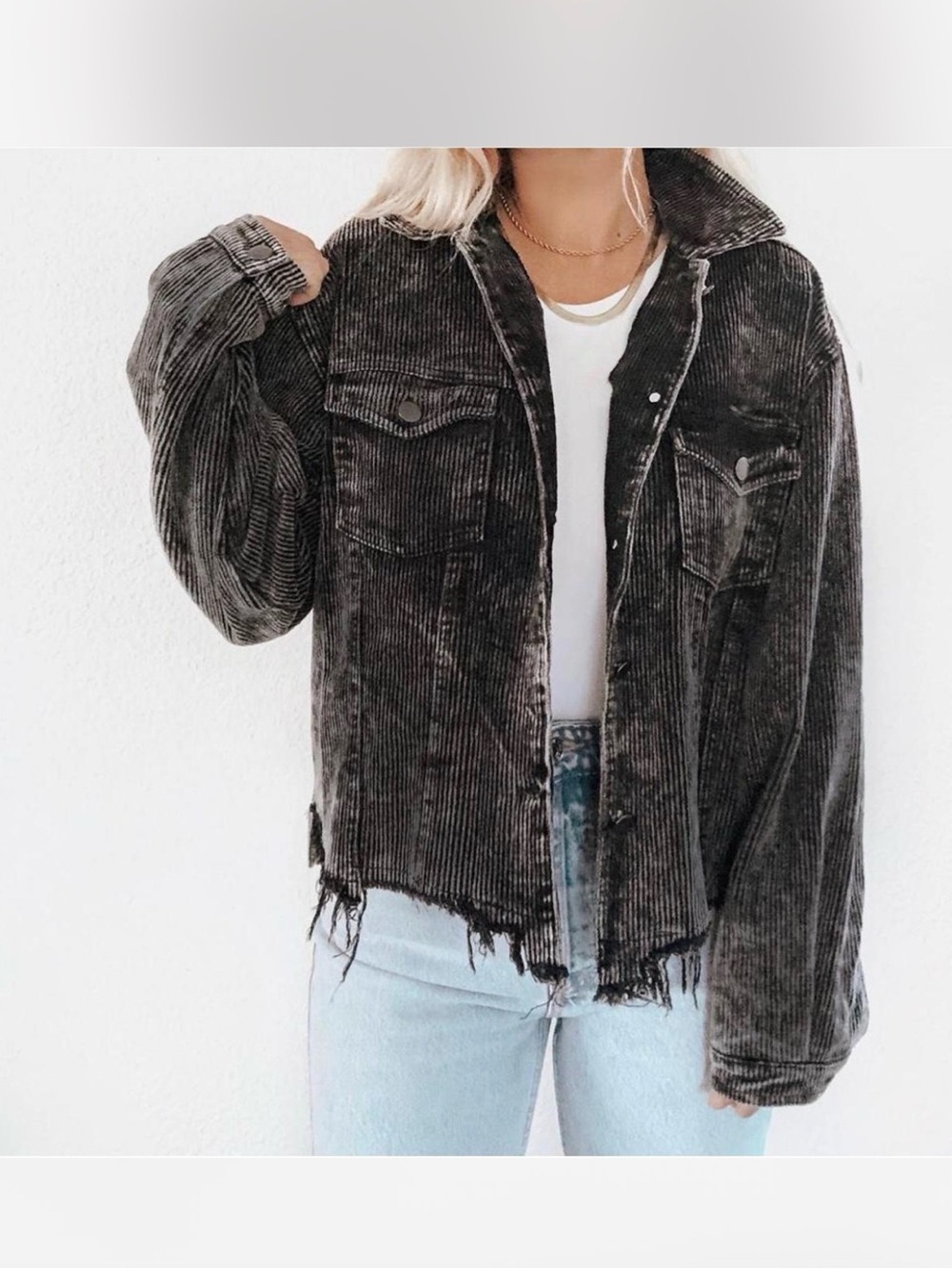 NWT Women's Washed Black Corduroy Jacket with Distressed Hem L
